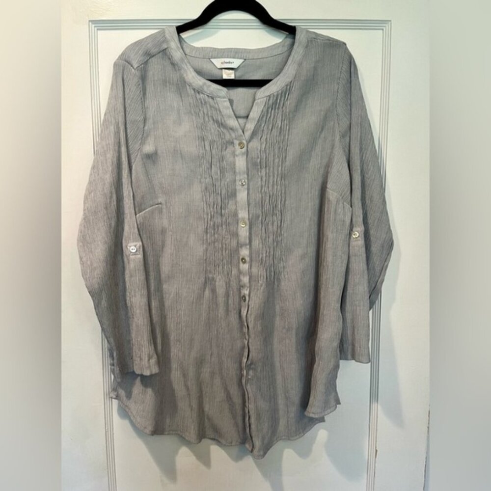 CJ Banks Grey Coastal Textured Roll Cuff Button Down Tunic Size 1X